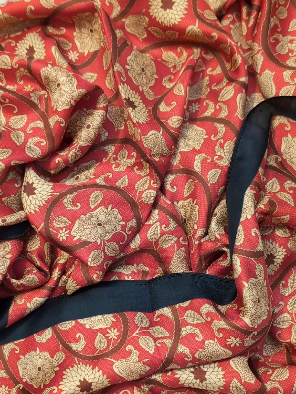 Red and Gold Floral Print Scarf with Black Trim